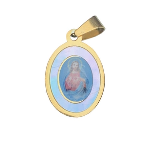 Golden oval stainless steel pendant with Sacred Heart of Jesus and pearlescent finish