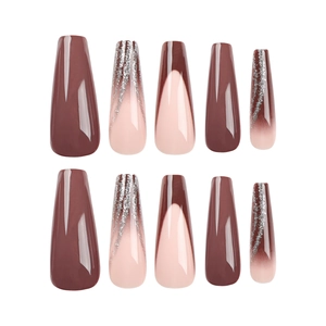 Long ballerina false nails in coffee brown and nude pink gradient with silver glitter