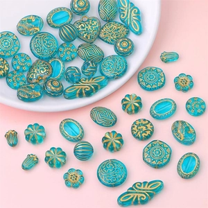 Vintage Baroque Peacock Blue Gold-Trimmed Acrylic Beads For DIY Jewelry Making Star Moon Flower Patterns