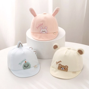Detailed view of baby cotton caps featuring cute rabbit, dino, and bear 3D ear designs
