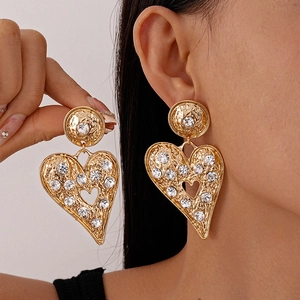 Heart Drop Earrings With Alloy Rhinestone And Silver Earring Post Hammered Texture Vintage Exaggerated For Women