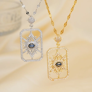 Geometric Evil Eye Rectangle Pendant Necklace Copper With Zirconia Inlaid Trendy Fashion Jewelry For Women Gift
