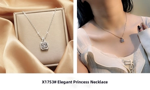 Macro detail and model view of a silver princess bag pendant necklace with sparkling crystal