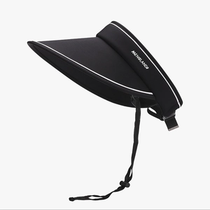 Black foldable ice silk sun visor hat with adjustable wind rope and brand logo detail