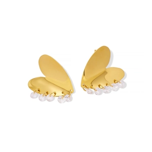 Elegant golden heart earrings with sparkling clear crystal tassels on white background