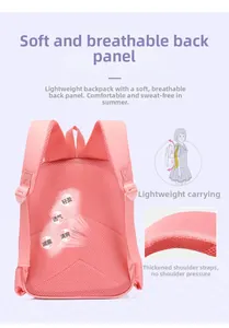 Detail of pink school backpack with breathable mesh back panel and padded straps