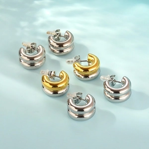 Chunky C-Shaped Hoop Earrings Stainless Steel High Polish Bicolor Minimalist Fashion Jewelry For Women