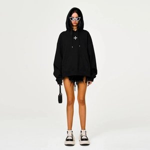 Klassischer schwarzer Oversized-Baumwoll-Hoodie mit weißem Kreuzstern-Druck auf der Brust