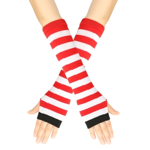 Detail of red and white striped knitted fingerless arm warmers with black edge finish