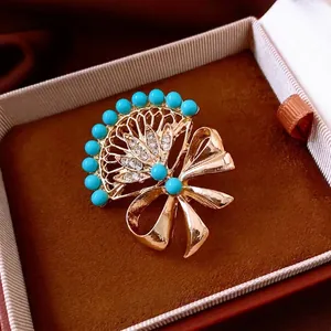 Vintage Fan Shaped Bow Brooch Alloy Rhinestone Turquoise Bead Retro Luxury Pin Hollow Out For Women