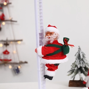 Animated Santa Claus climbing a white ladder with a green gift bag for Christmas decor