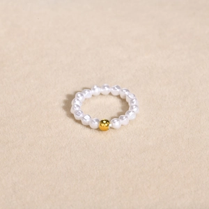 Minimalist Beaded Ring For Women With Simulated Artificial Pearl And IP Gold Plated Stainless Steel Bead Elastic French Style Jewelry