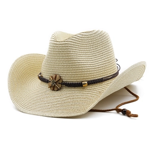 Detail of beige woven straw cowboy hat with brown braided band and adjustable chin strap