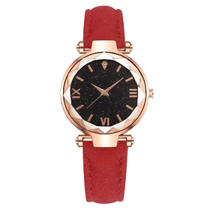 Elegant starry sky watch with rose gold case, red leather strap and roman numerals