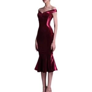 Elegant wine red velvet off-shoulder bodycon midi dress with a fishtail hemline