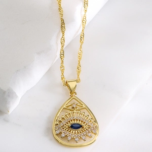 18K gold plated copper necklace with evil eye pendant and blue zircon teardrop design