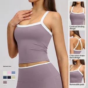 Brassière de sport yoga violet gris avec bordure contrastée et dos croisé pour femmes