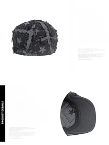 Détails du béret en jean gris à motif d'étoiles avec boucle réglable et bords effilochés