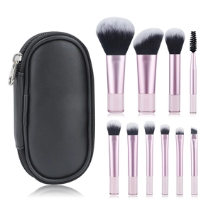 Mini 10pcs makeup brush set with pink handles and black zipper pouch on white background