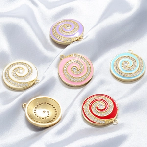 Round Spiral Pendant Copper With Enamel And Cubic Zirconia Gold Plated Drip Oil Charm Hip Hop Bohemian Jewelry Accessory