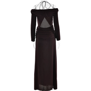 Detail view showing backless design and ruching on a brown off-shoulder chiffon maxi dress