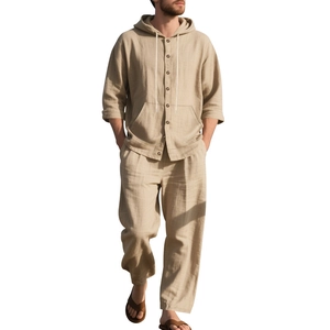 Detail of khaki linen two-piece set featuring hooded long sleeve shirt and trousers for men