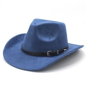 Classic dark blue wide brim fedora hat with vintage buckle and ethnic style leather band