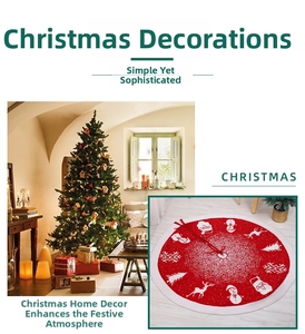 Detail of red Christmas tree skirt featuring white Santa, snowman and reindeer prints