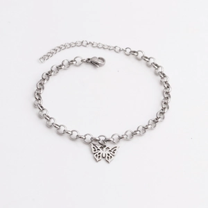 Minimalist stainless steel butterfly pendant bracelet with adjustable O-chain on white background