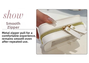 White cosmetic bag detail zipper close up, minimalist transparent makeup pouch design.