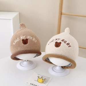 Bonnet En Tricot D'hiver Pour Bébé Doublé Polaire Chaud Broderie Ours Lucky Baby Pour Tout-Petits Garçons Filles