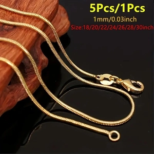Elegant 1mm gold snake chain necklace displayed on wood with multiple length options