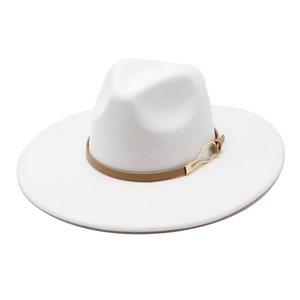 Classic white wide brim wool fedora hat with camel leather band and gold buckle detail