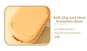 Macro detail of cartoon lunch box bottom with anti-slip feet and safety certification icons