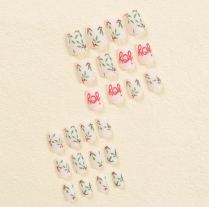 Lot de 24 faux ongles de Noël avec feuilles de houx, baies rouges et motif festif joy