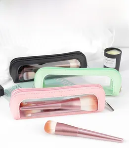 Three-piece transparent PU makeup brush pouches in pink, green, and black colors
