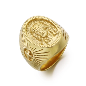Hip hop 18k gold plated stainless steel ring featuring Jesus portrait and cross motifs