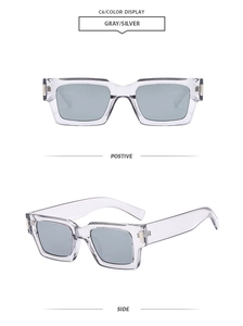 Detail view of square gray transparent sunglasses showing front and side silver hinge accents