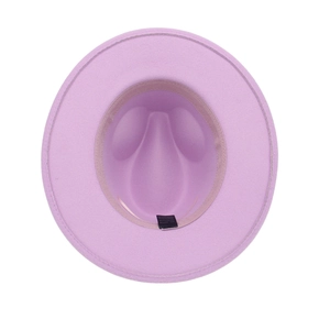 Detail view of the light purple fedora hat interior showing the cotton blend material label