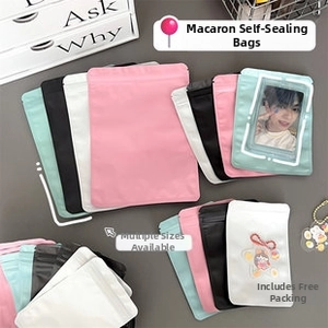Macro view of macaron colored matte frosted self-sealing bags in multiple sizes