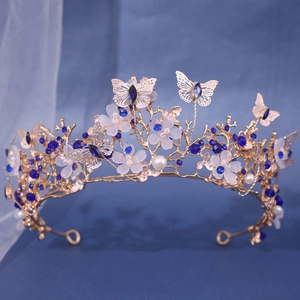 Gold Baroque bridal crown with blue rhinestones, white flowers and butterfly details