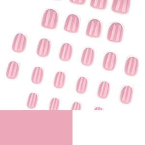 Classic French tip press-on nails in pink and white square short style on white background