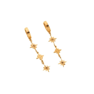 Elegant gold titanium steel dangle earrings with three star pendants and hoop closure