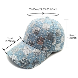 Sequin-embellished light blue denim baseball cap with distressed edge and 55-60cm size detail
