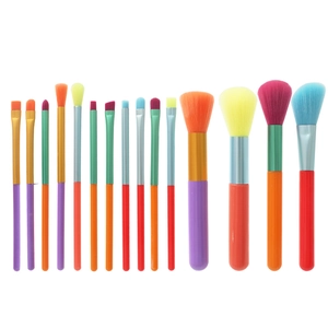 15-piece colorful watercolor makeup brush set with vibrant bristles and handles