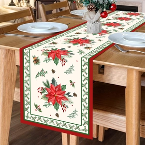 Christmas table runner with red floral and holly pattern for holiday dining decor