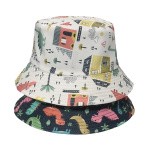 Unisex cotton sun bucket hats with cute dinosaur and colorful building cartoon patterns