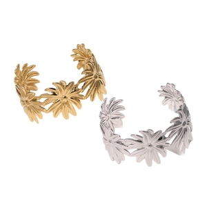 Adjustable daisy flower open bangle in gold and silver finish stainless steel