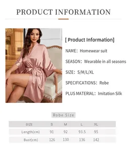 Detailed size chart for sexy pink silk satin robe showing length and bust measurements
