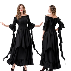 Medieval Gothic long dress with off-shoulder neckline and layered flared sleeves